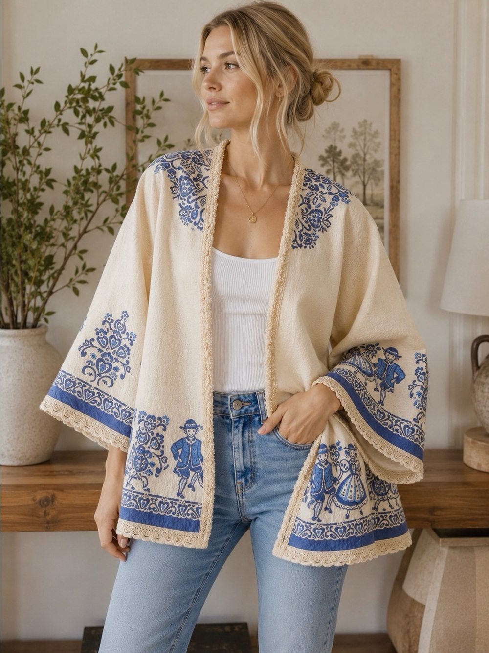 🧵 HANDMADE Embroidered Cream & Blue Boho Kimono Linen Blend Jacket O/S - Picture 13 of 15